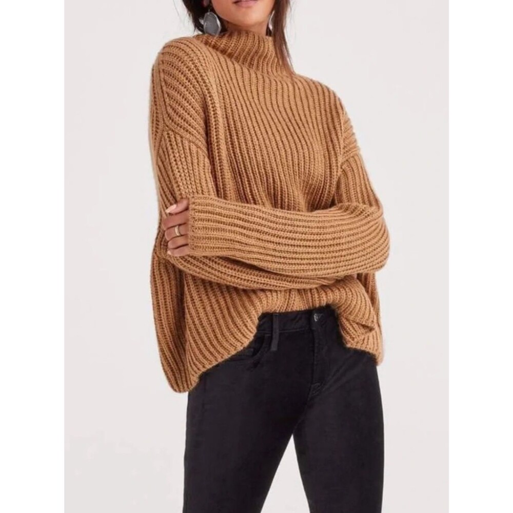 7 For All Mankind Camel Tan Wool Alpaca Blend Chunky Mock Neck Sweater Small